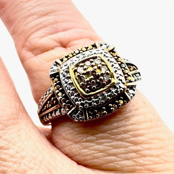 Designer Womens Ring Sterling Silver Champaign & Clear Diamond Size 6 - Picture 2 of 6